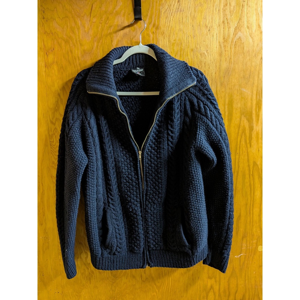 Polo Jeans Co Ralph Lauren Mens Large Navy Blue 100% Wool Cable Knit Full Zip
